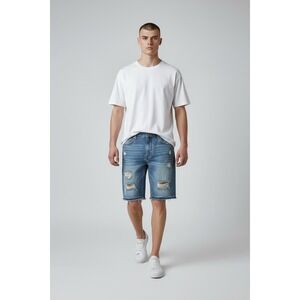 NOVAMEN Mens Denim Jean Shorts Size‎ 36 Ripped Distressed  Medium Wash-Thrashed